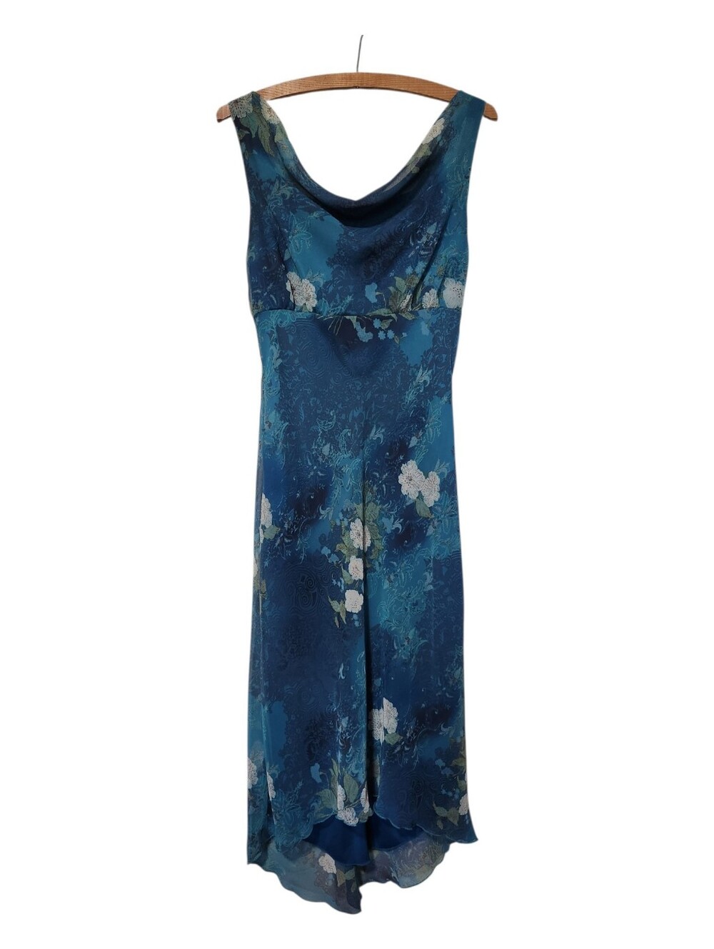 NEW B. Smart Blue Watercolor Floral Sleeveless Cowl Neck Midi Dress Size 8